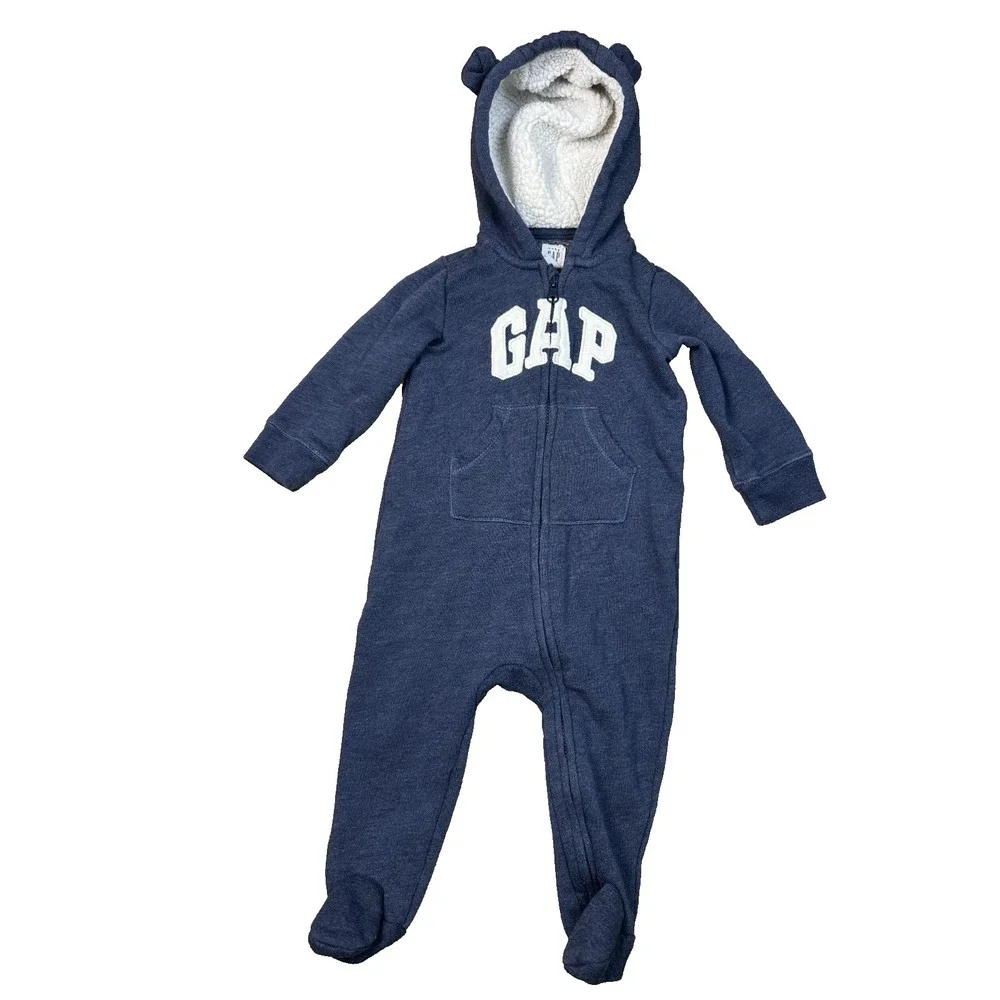 GAP Baby One Piece Zip Bear Hoodie Logo Blue 2019 Long Sleeve Fleece 6-12 Month